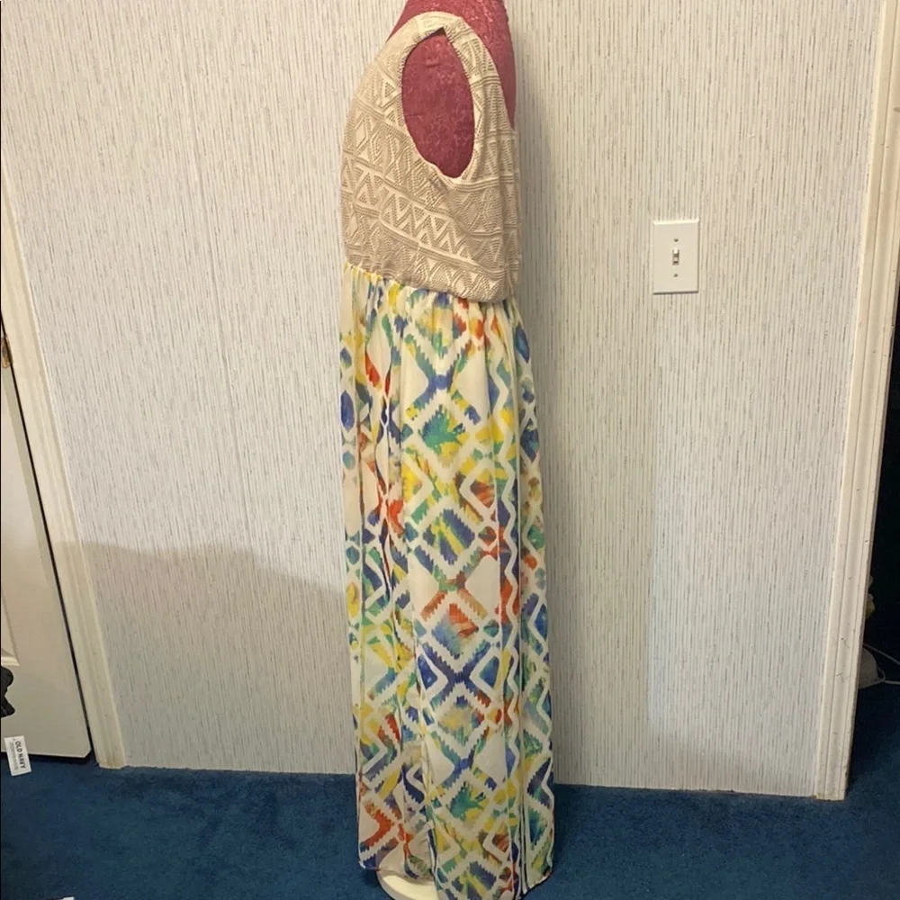 Luxology Sz Large Blue Multi Geo Graphic Maxi Dress & Flowing Silhouette Design